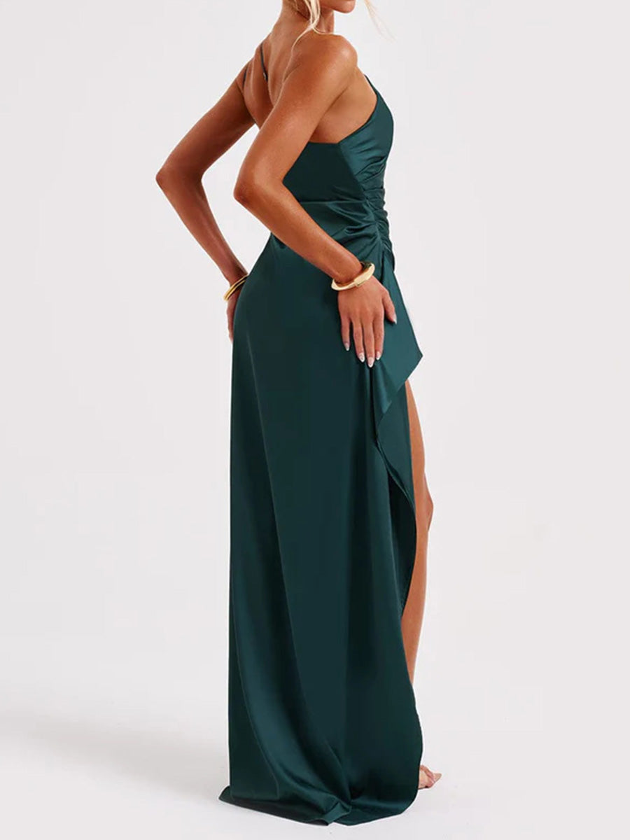 Sheath/Column One-Shoulder Pleated Sweep Train Silk Like Satin Corset Bridesmaid Dress