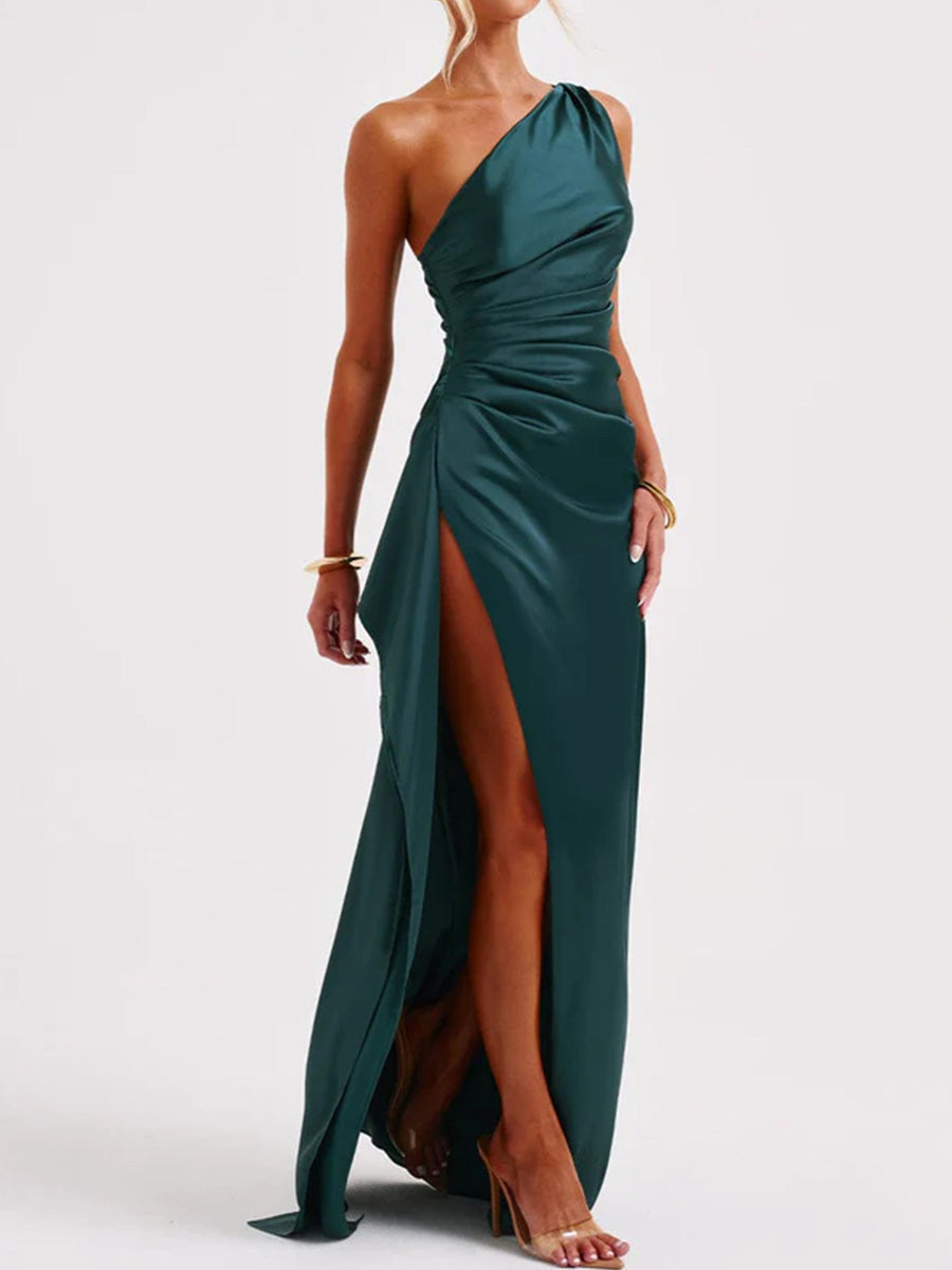 Sheath/Column One-Shoulder Pleated Sweep Train Silk Like Satin Corset Bridesmaid Dress