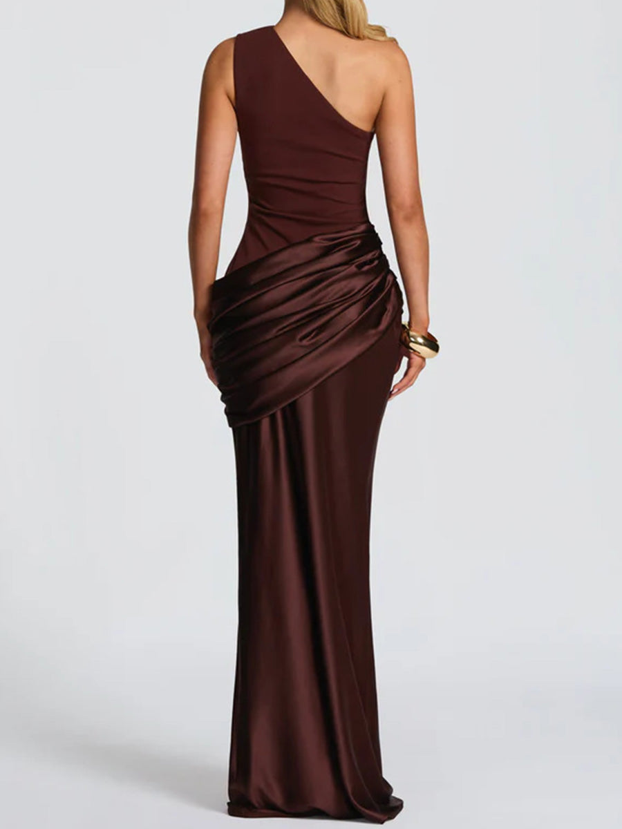 Sheath/Column One-Shoulder Pleated Sweep Train Silk Like Satin Corset Bridesmaid Dress