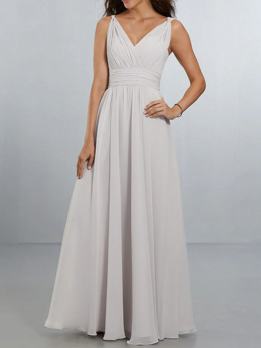 A-line/Princess V-neck Ruffles Floor-Length Chiffon Corset Bridesmaid Dress