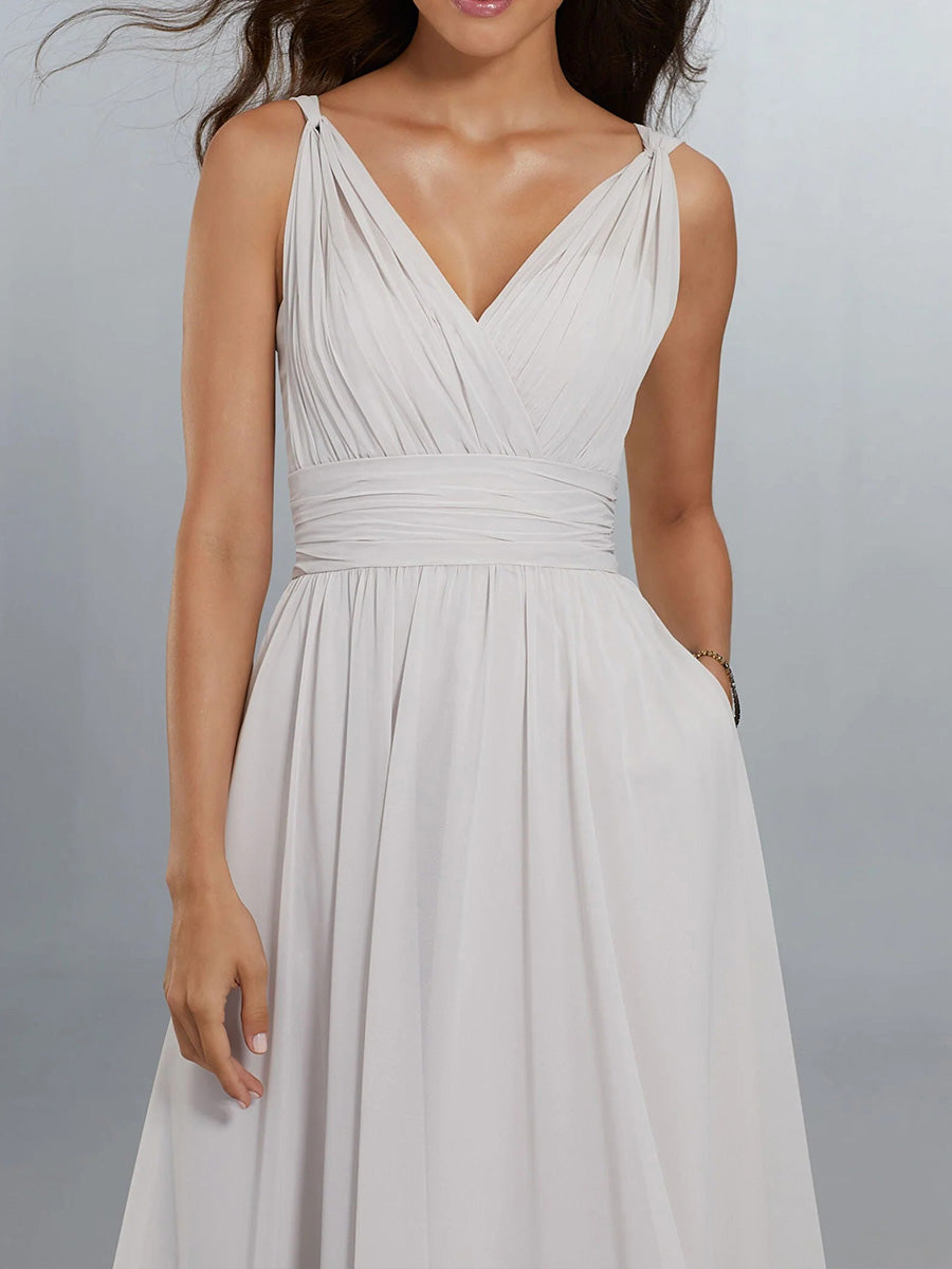A-line/Princess V-neck Ruffles Floor-Length Chiffon Corset Bridesmaid Dress