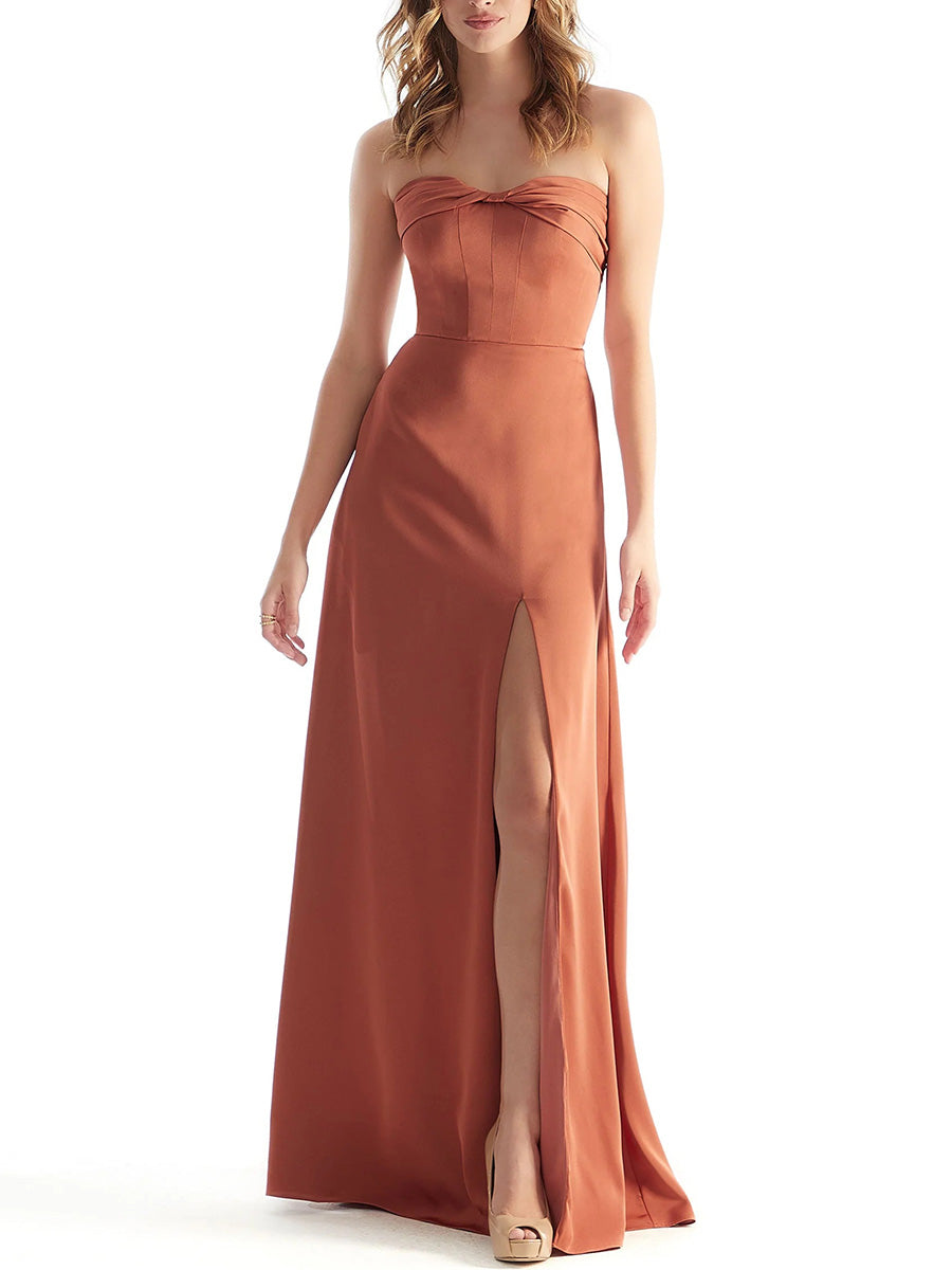 Sheath/Column Straight Pleated Floor-Length Silk Like Satin Corset Bridesmaid Dress