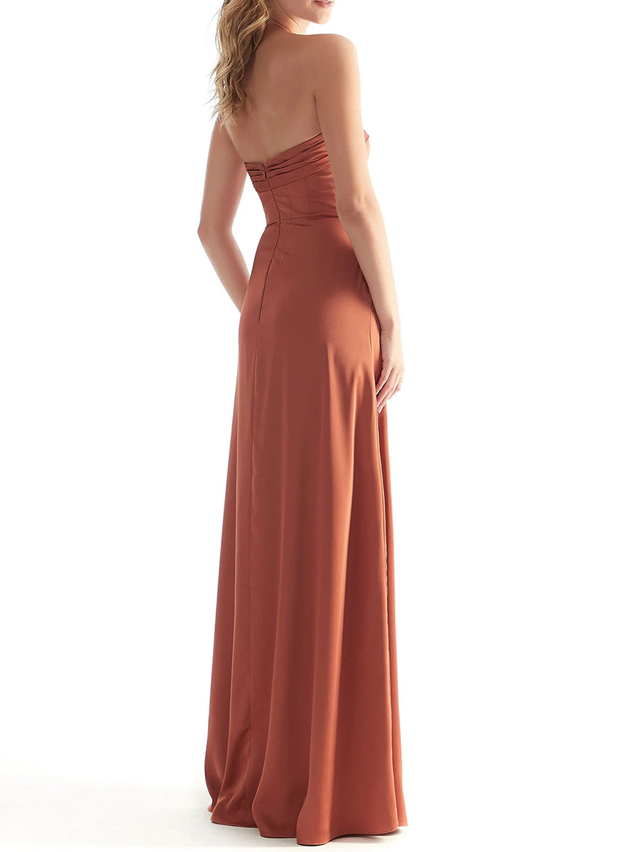 Sheath/Column Straight Pleated Floor-Length Silk Like Satin Corset Bridesmaid Dress
