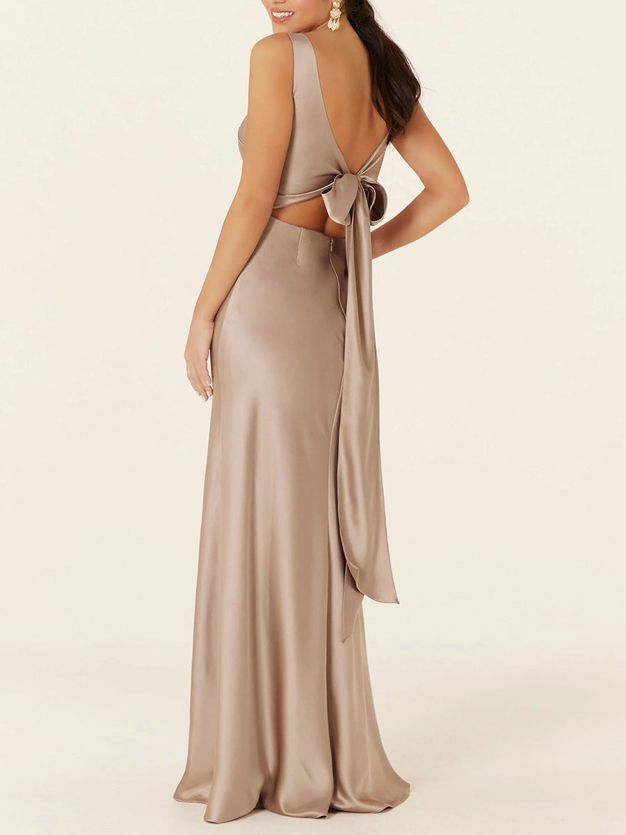 Sheath/Column V-neck Bow Floor-Length Silk Like Satin Bridesmaid Dress