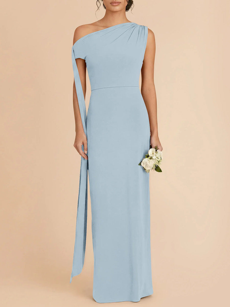 Sheath/Column One-Shoulder Pleated Floor-Length Stretch Crepe Bridesmaid Dress