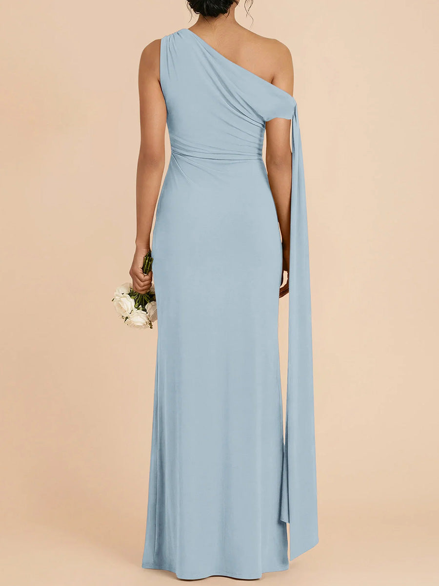 Sheath/Column One-Shoulder Pleated Floor-Length Stretch Crepe Bridesmaid Dress
