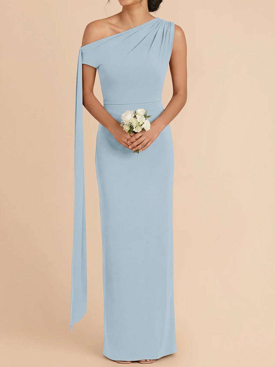 Sheath/Column One-Shoulder Pleated Floor-Length Stretch Crepe Bridesmaid Dress