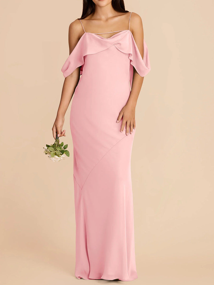 Sheath/Column Spaghetti Straps Ruffles Floor-Length Jersey Bridesmaid Dress