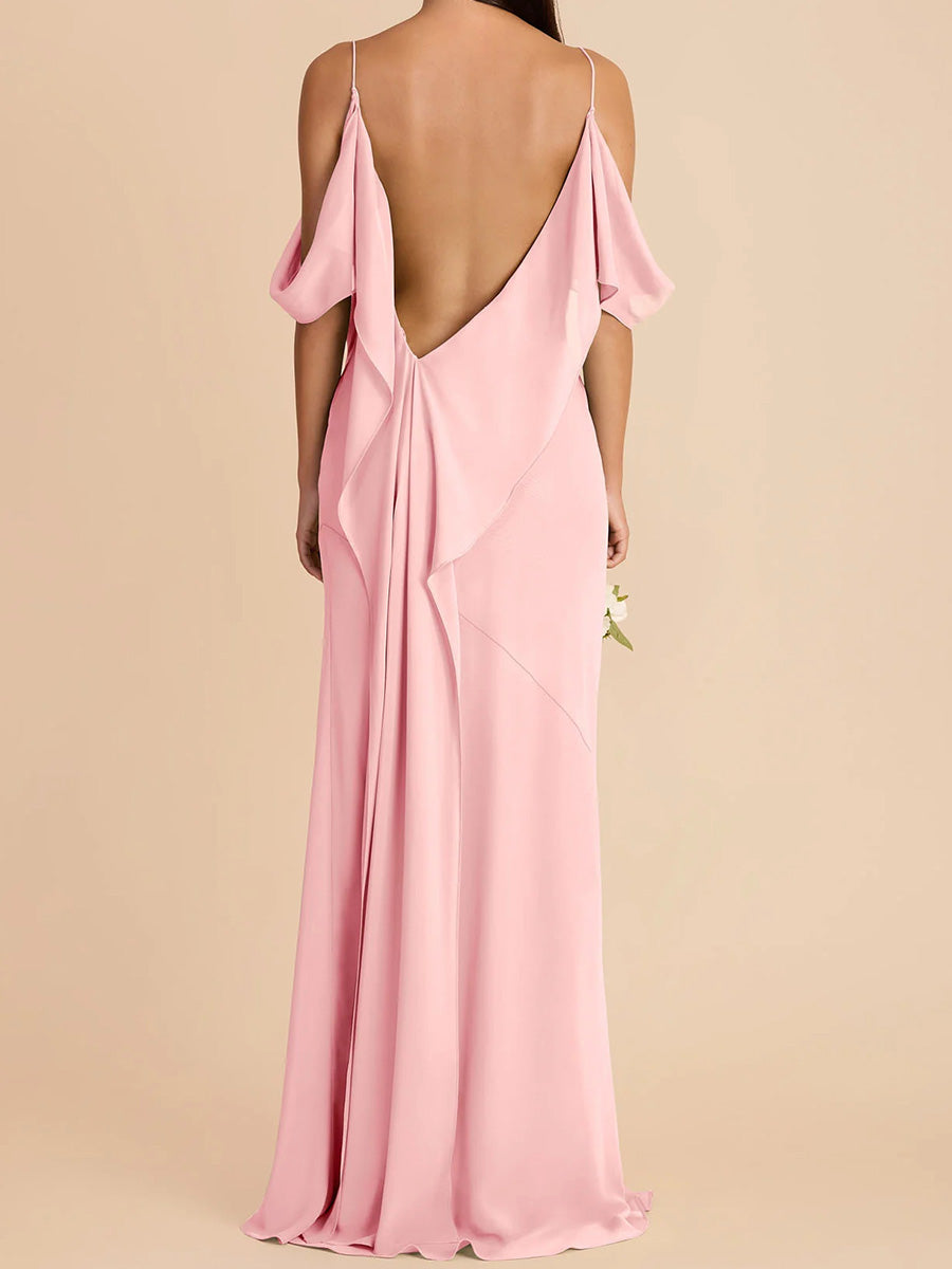 Sheath/Column Spaghetti Straps Ruffles Floor-Length Jersey Bridesmaid Dress