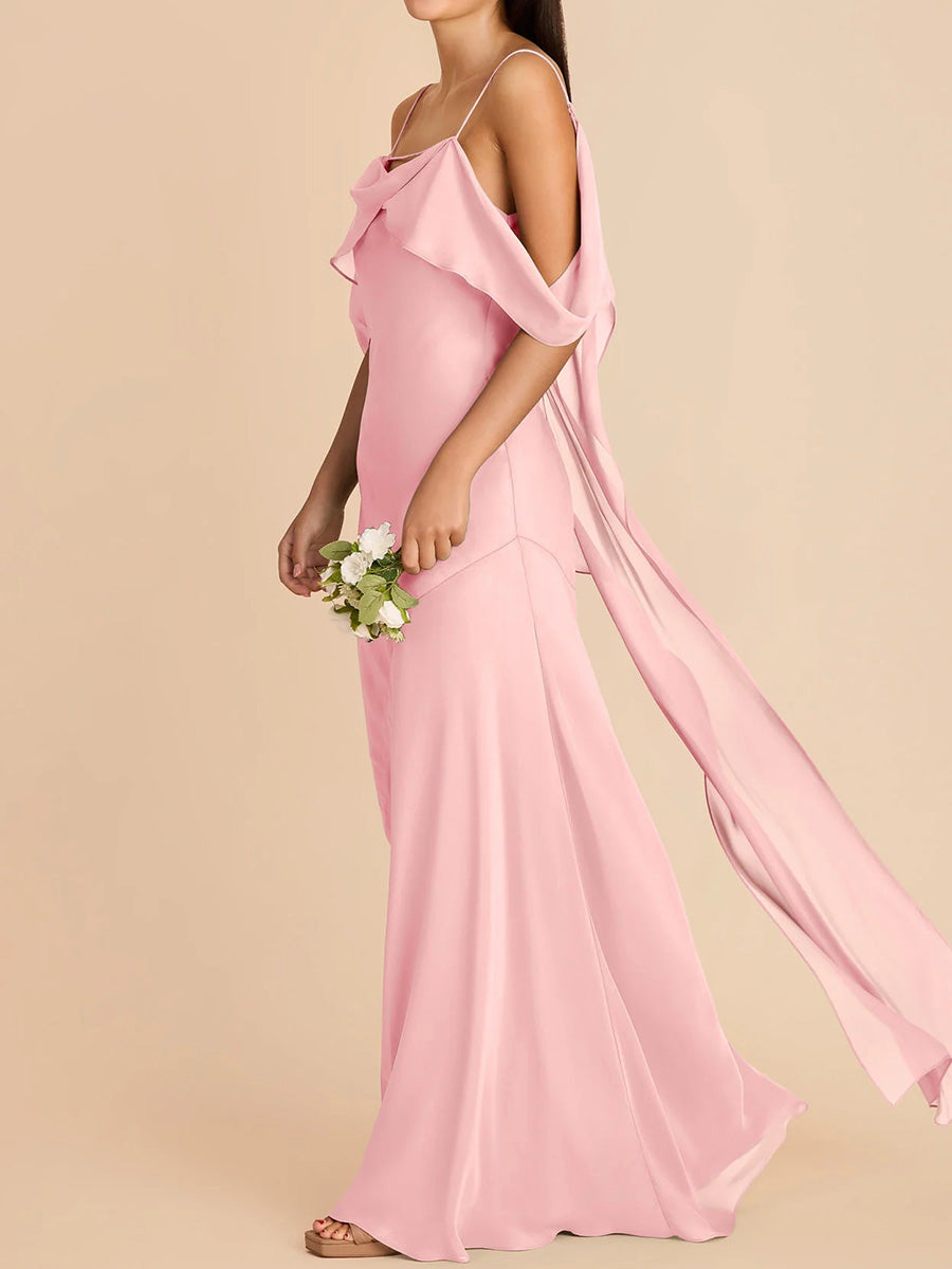 Sheath/Column Spaghetti Straps Ruffles Floor-Length Jersey Bridesmaid Dress