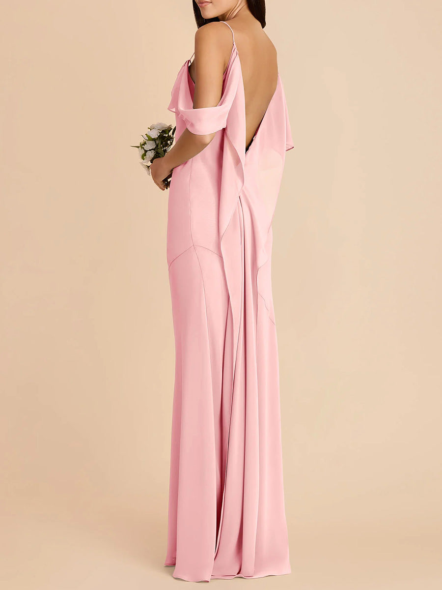 Sheath/Column Spaghetti Straps Ruffles Floor-Length Jersey Bridesmaid Dress