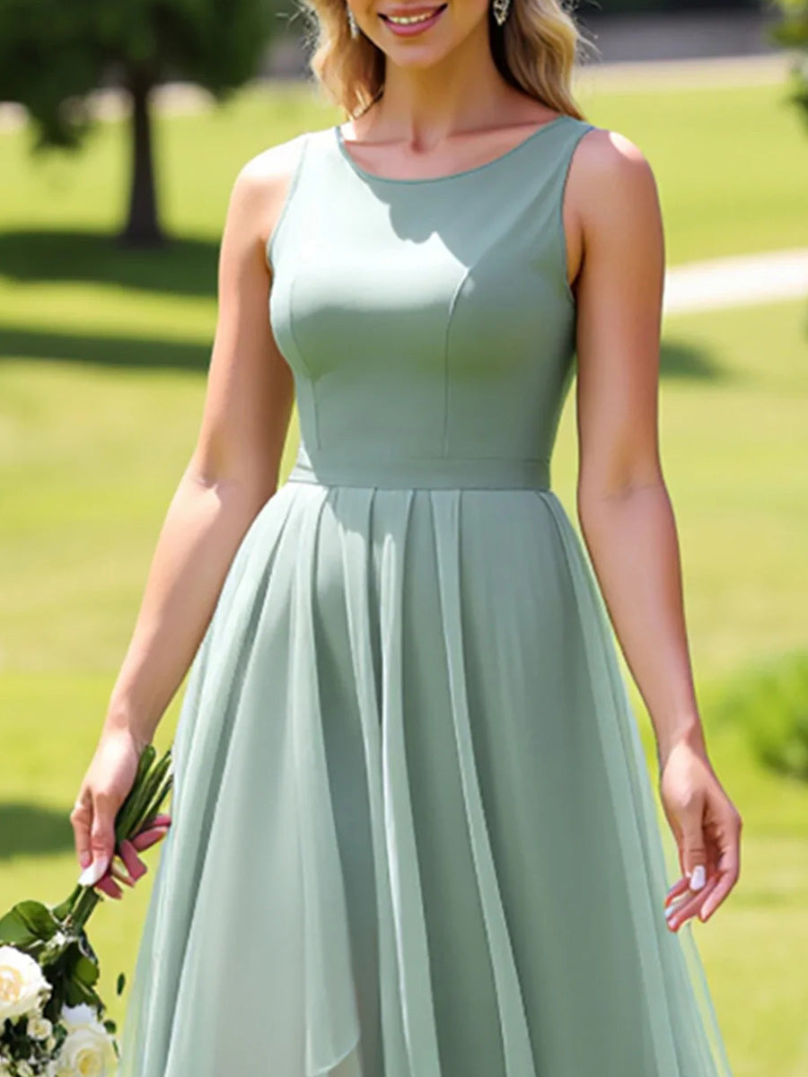 A-line/Princess Scoop Ruffles Asymmetrica Stretch Crepe Bridesmaid Dress