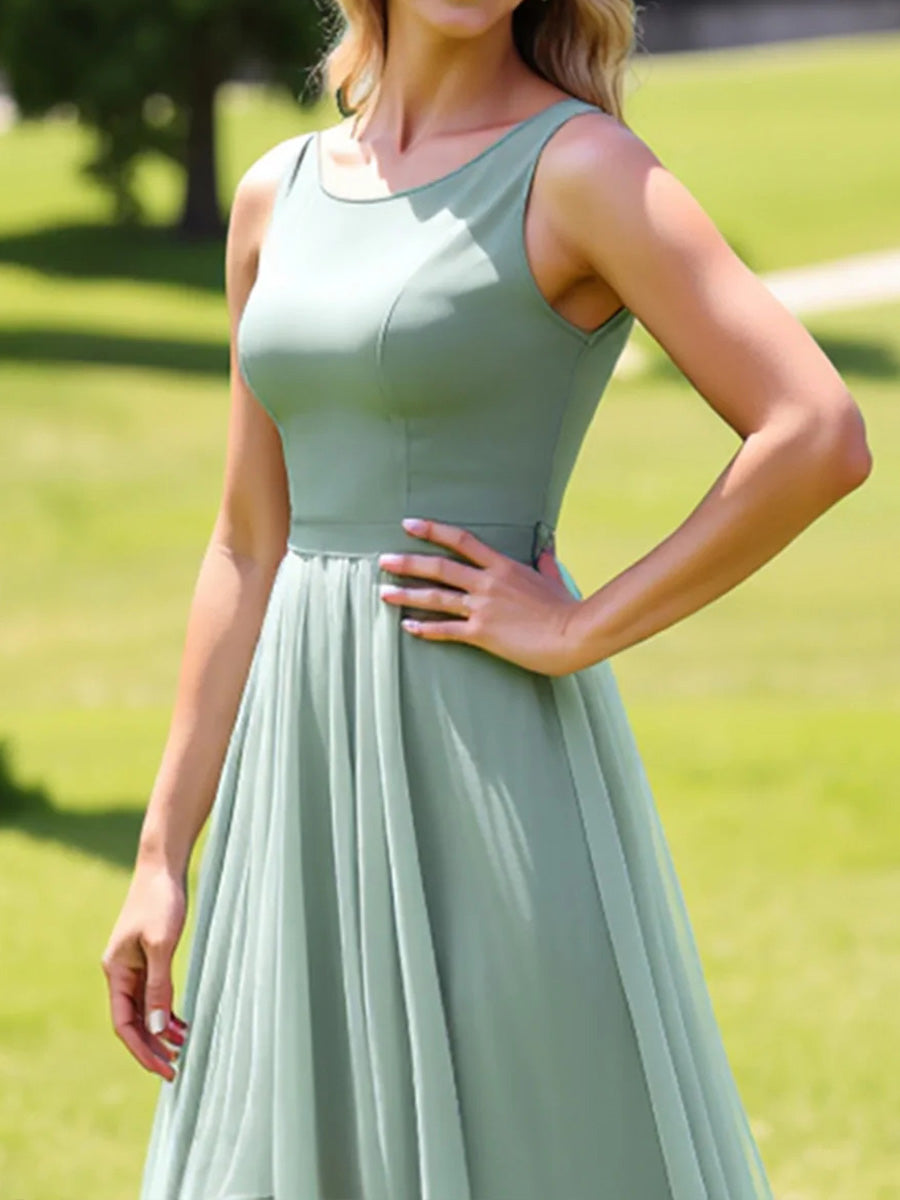 A-line/Princess Scoop Ruffles Asymmetrica Stretch Crepe Bridesmaid Dress
