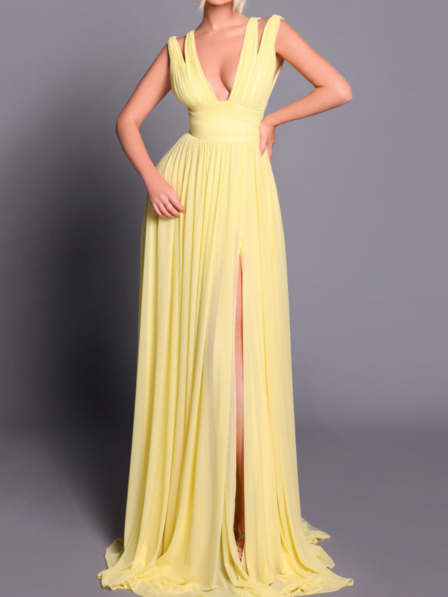 A-line/Princess V-neck Ruffles Sweep Train Chiffon Corset Bridesmaid Dress