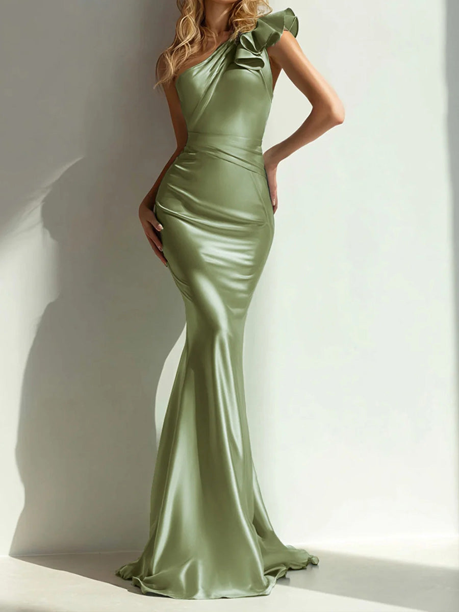 Sheath/Column One-Shoulder Ruffles Sweep Train Corset Bridesmaid Dress