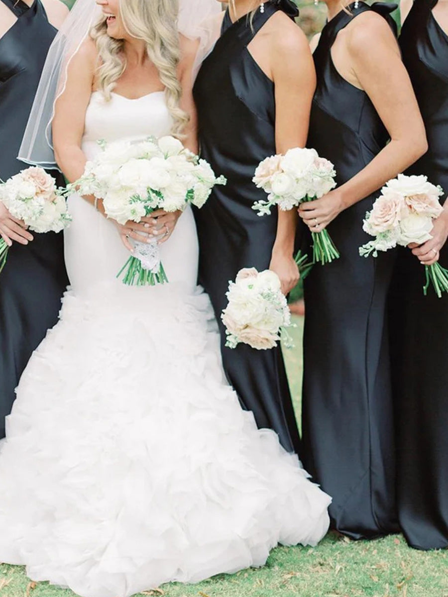 Sheath/Column Halter Bow Floor-Length Silk Like Satin Corset Bridesmaid Dress