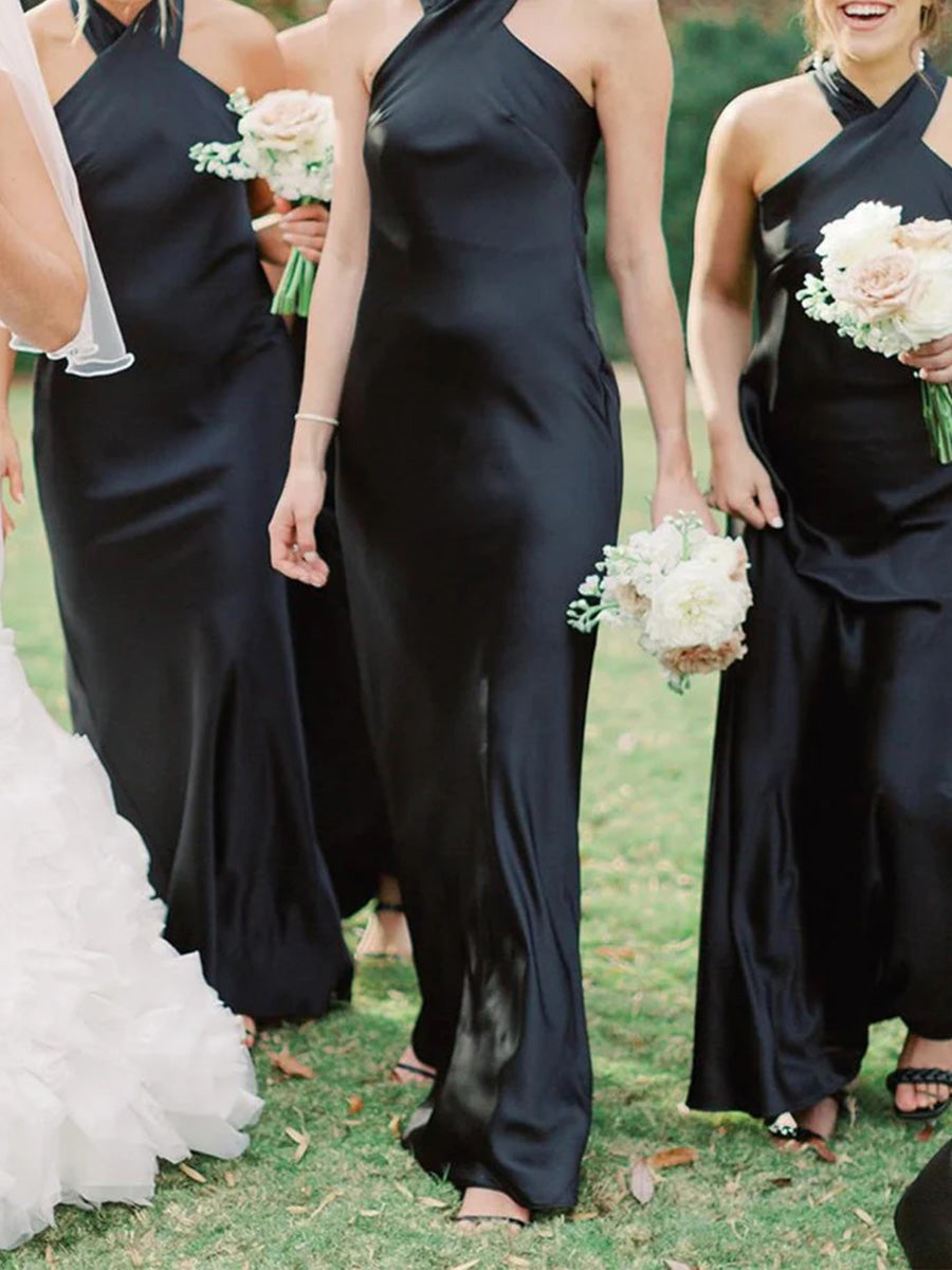 Sheath/Column Halter Bow Floor-Length Silk Like Satin Corset Bridesmaid Dress