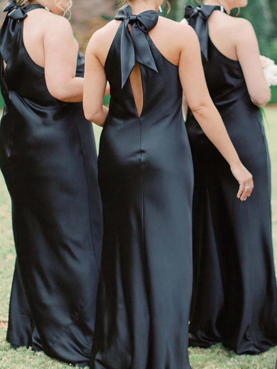 Sheath/Column Halter Bow Floor-Length Silk Like Satin Corset Bridesmaid Dress