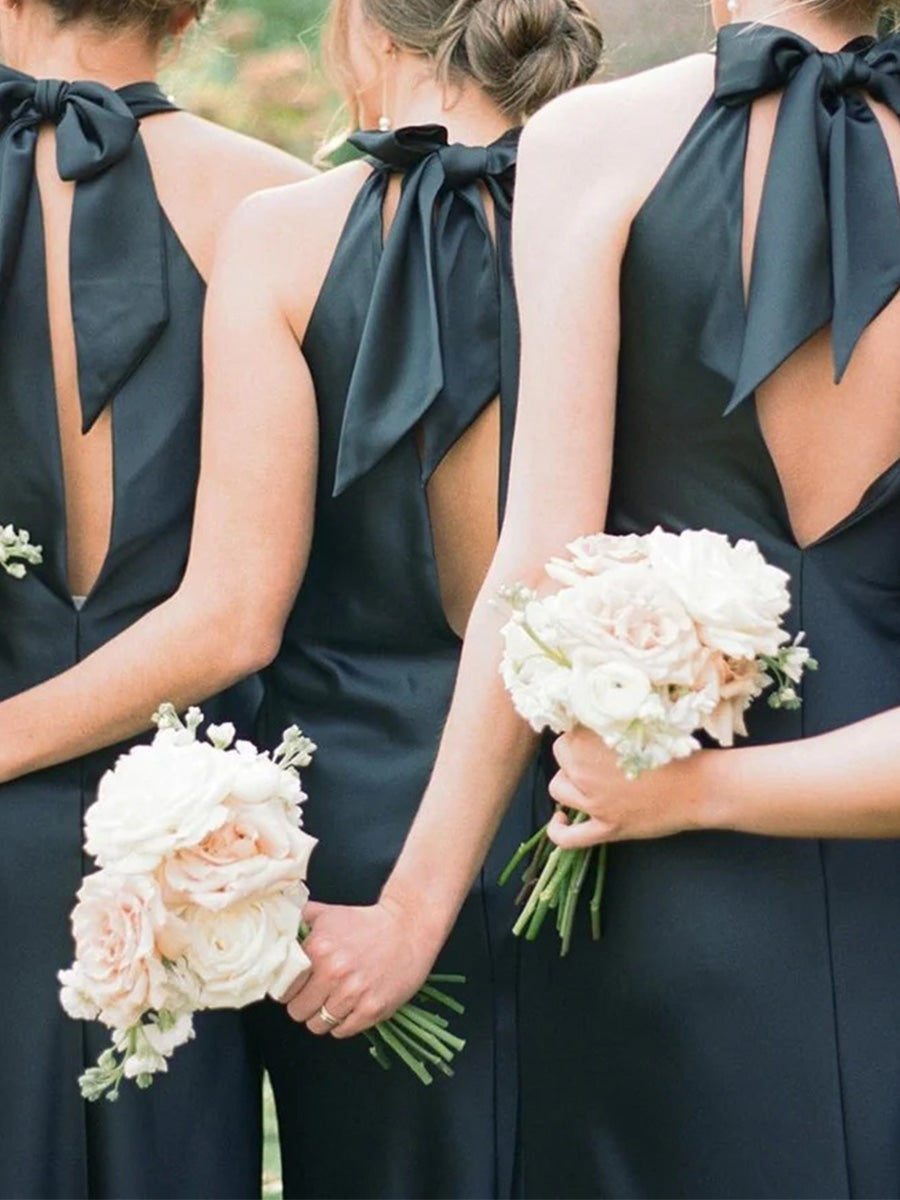 Sheath/Column Halter Bow Floor-Length Silk Like Satin Corset Bridesmaid Dress