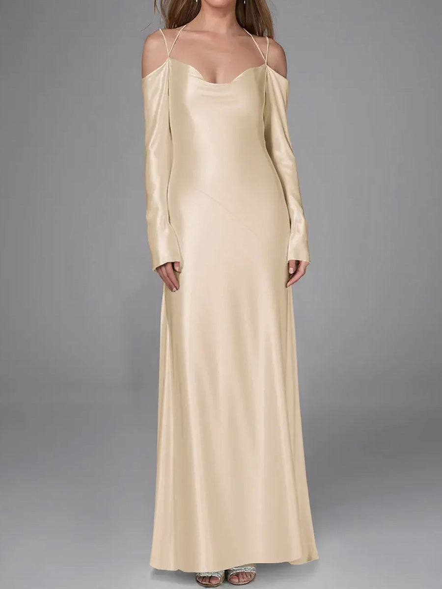 Sheath/Column Spaghetti Straps Floor-Length Silk Like Satin Corset Bridesmaid Dress
