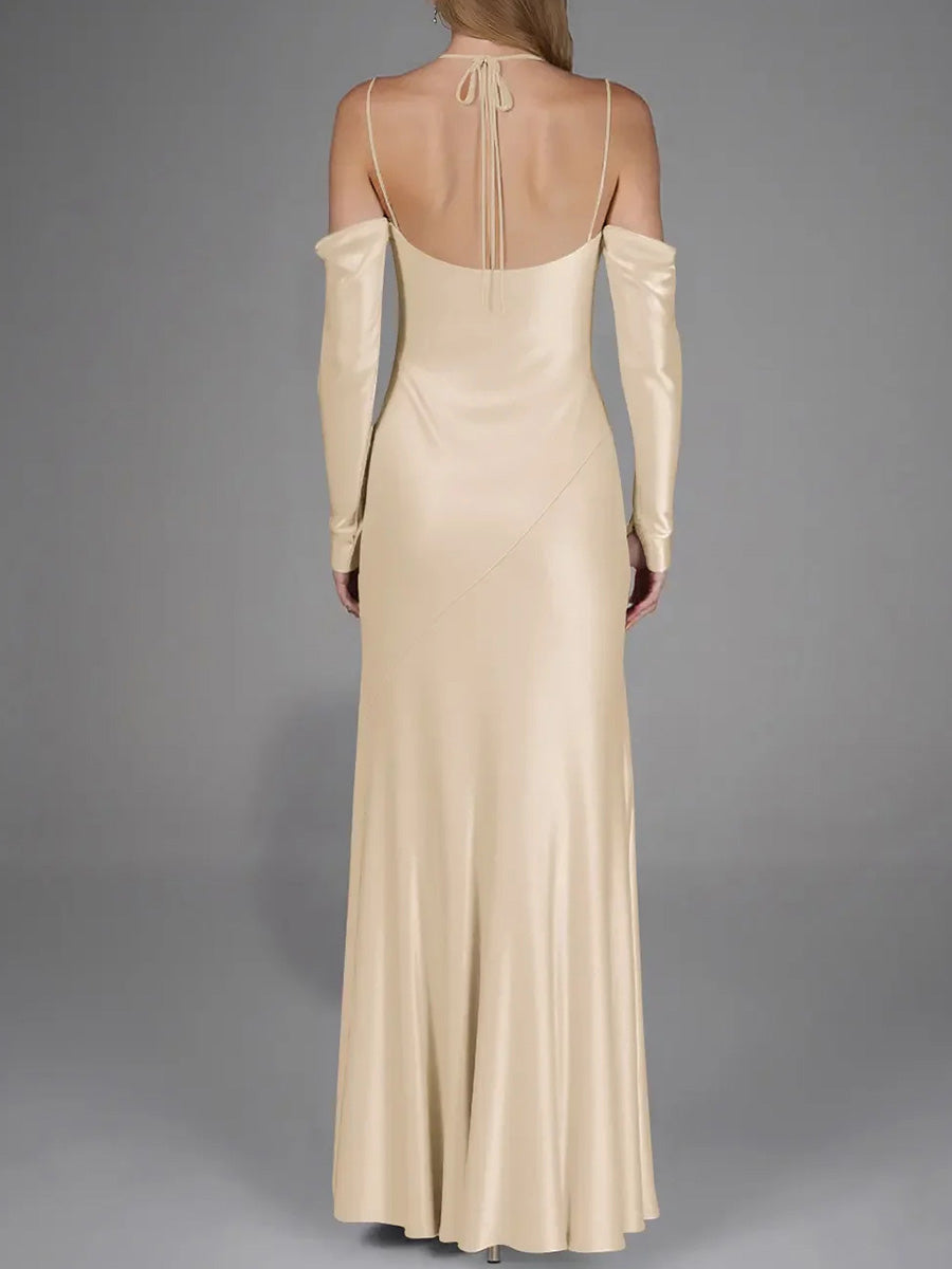 Sheath/Column Spaghetti Straps Floor-Length Silk Like Satin Corset Bridesmaid Dress