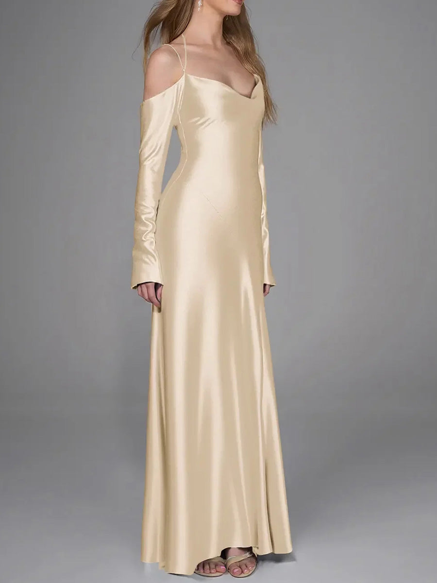 Sheath/Column Spaghetti Straps Floor-Length Silk Like Satin Corset Bridesmaid Dress