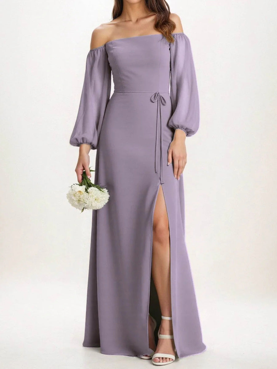 A-line/Princess Off-the-Shoulder Floor-Length Chiffon Corset Bridesmaid Dress