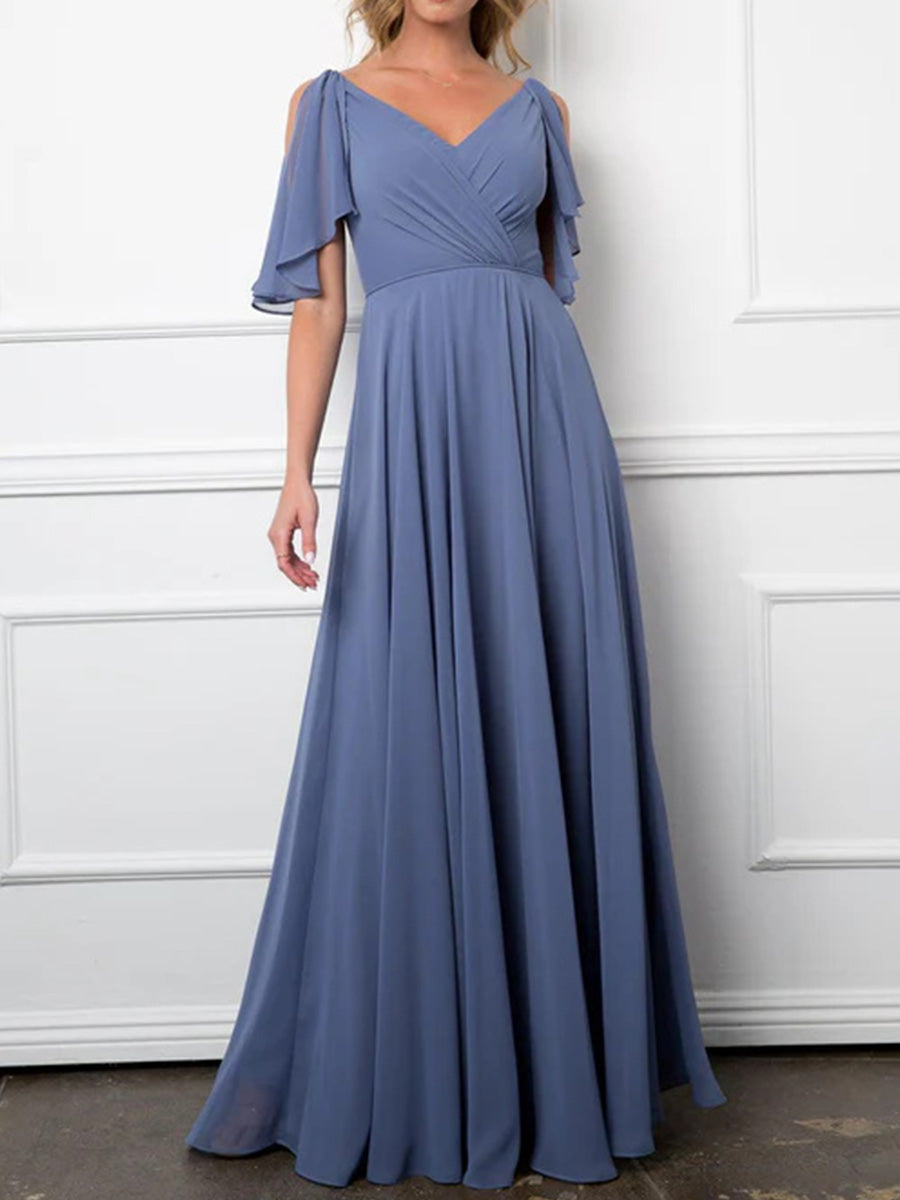 A-line/Princess V-neck Ruffles Floor-Length Chiffon Corset Bridesmaid Dress