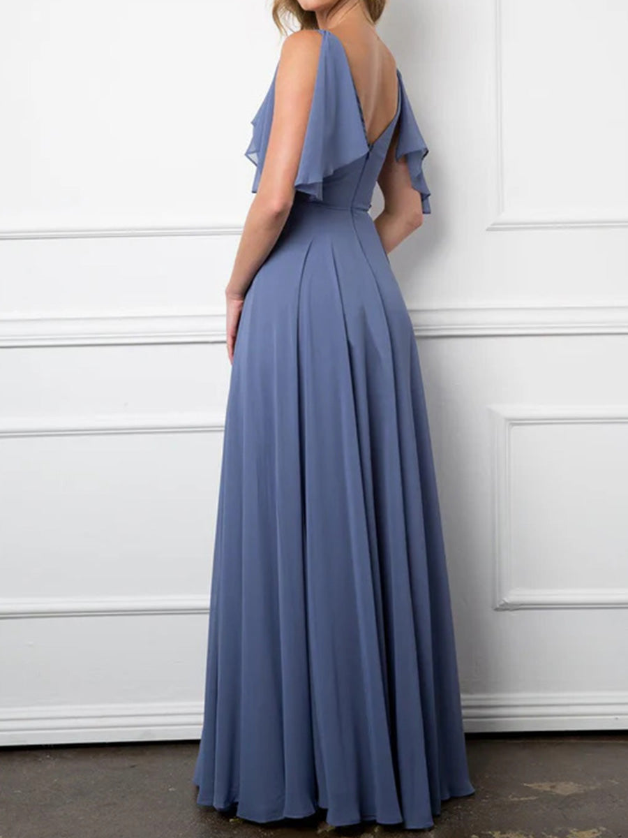 A-line/Princess V-neck Ruffles Floor-Length Chiffon Corset Bridesmaid Dress