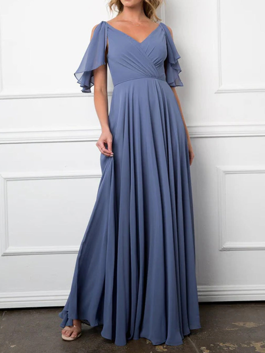 A-line/Princess V-neck Ruffles Floor-Length Chiffon Corset Bridesmaid Dress