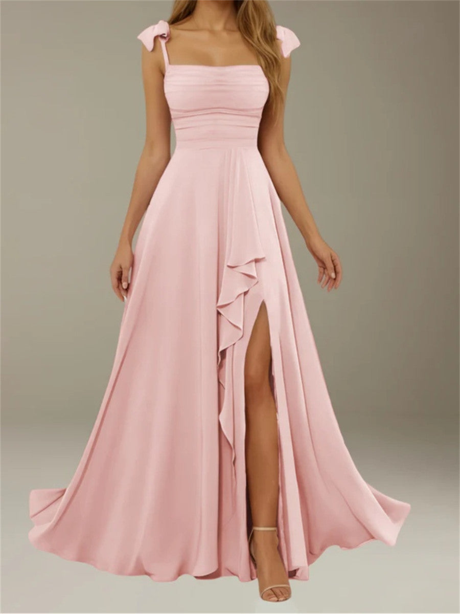 A-line/Princess Square Ruffles Floor-Length Stretch Crepe Bridesmaid Dress
