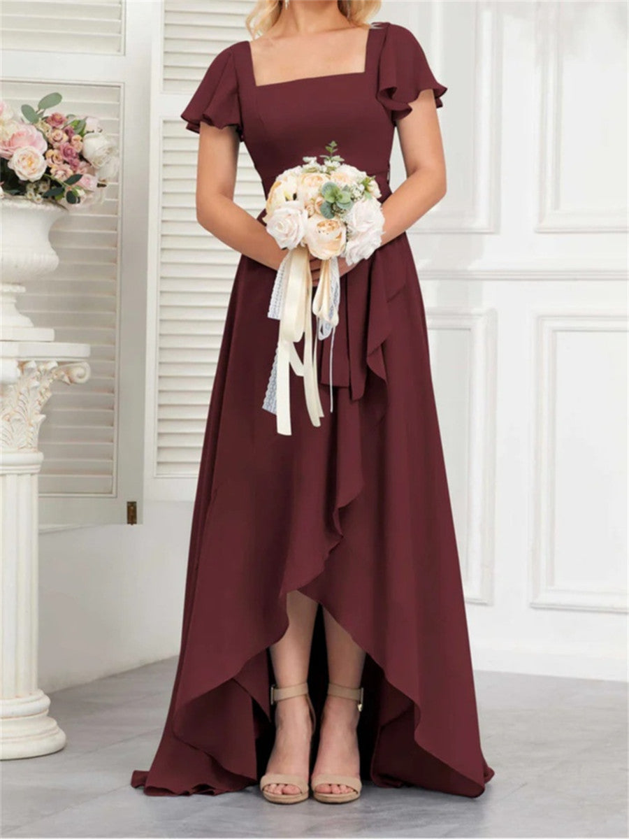 A-line/Princess Square Short Sleeves Ruffles Asymmetrical Bridesmaid Dress
