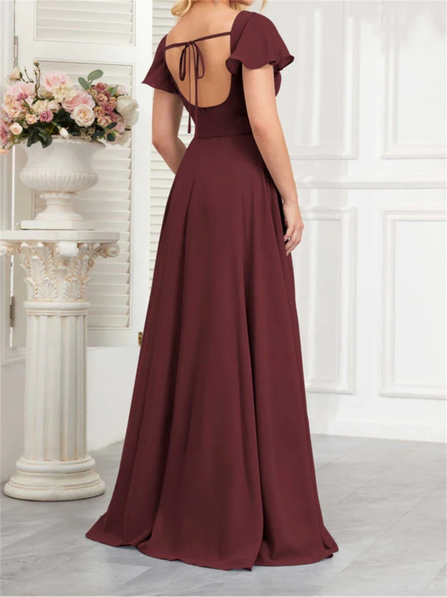 A-line/Princess Square Short Sleeves Ruffles Asymmetrical Bridesmaid Dress