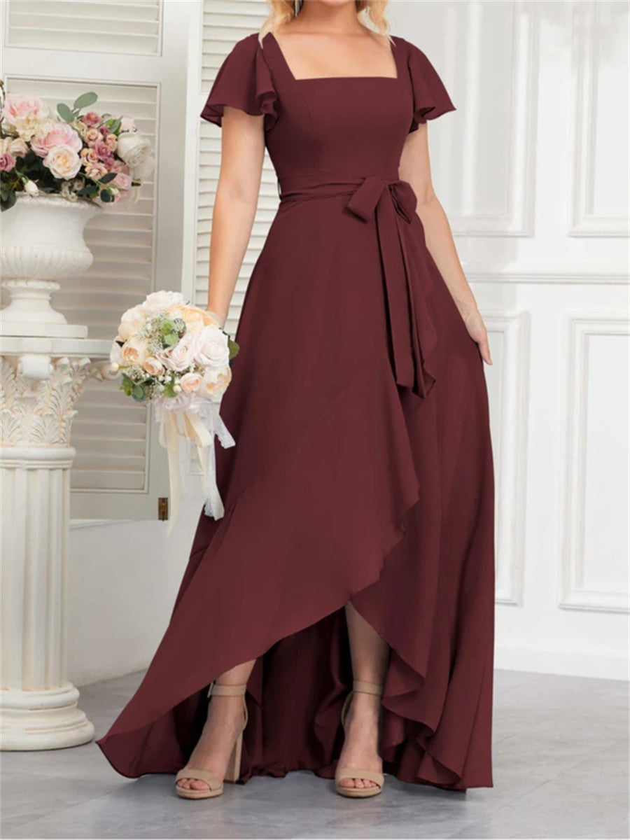 A-line/Princess Square Short Sleeves Ruffles Asymmetrical Bridesmaid Dress