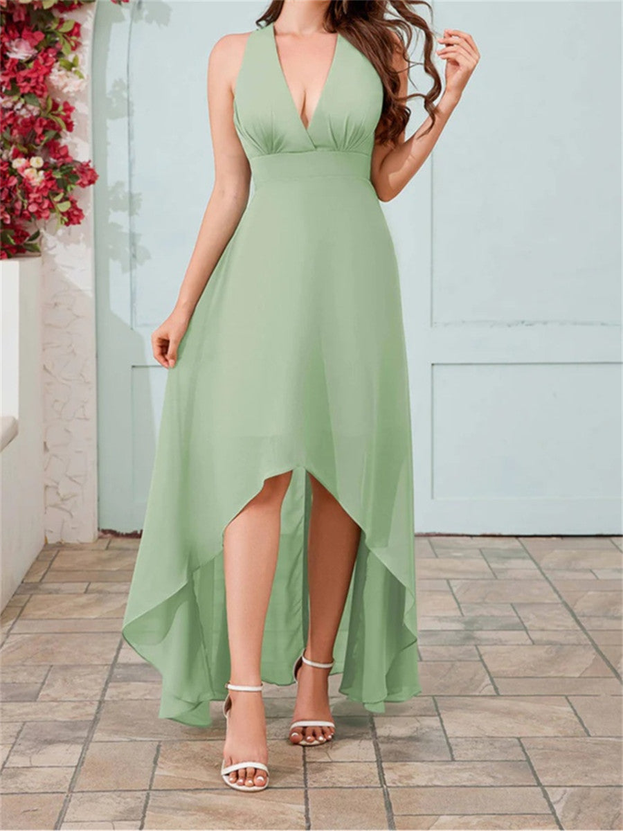 A-line/Princess V-neck Asymmetrical Chiffon Corset Bridesmaid Dress