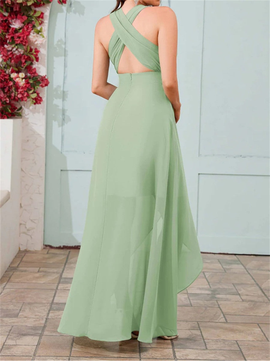 A-line/Princess V-neck Asymmetrical Chiffon Corset Bridesmaid Dress