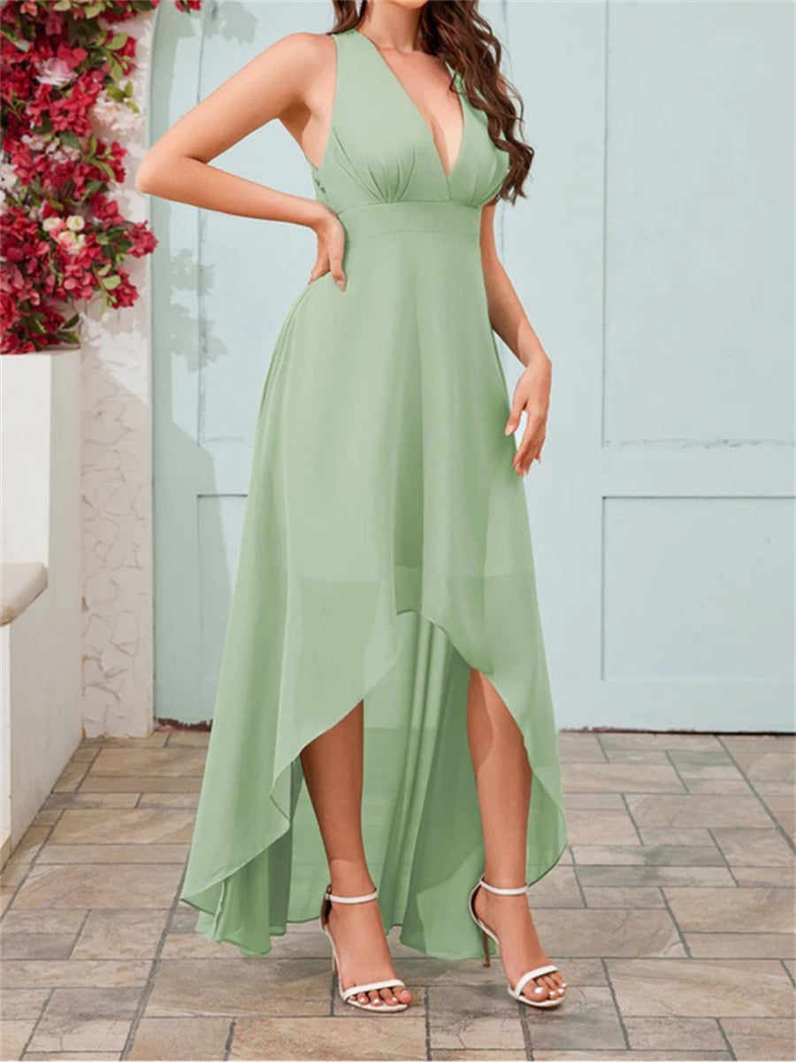 A-line/Princess V-neck Asymmetrical Chiffon Corset Bridesmaid Dress