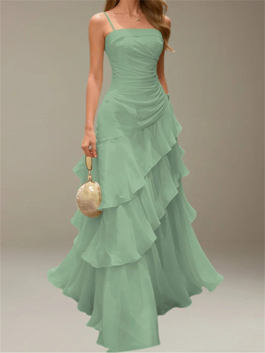 Sheath/Column Square Cascading Ruffles Floor-Length Chiffon Corset Bridesmaid Dress