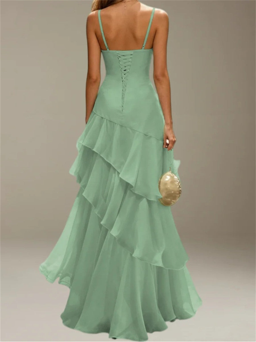 Sheath/Column Square Cascading Ruffles Floor-Length Chiffon Corset Bridesmaid Dress