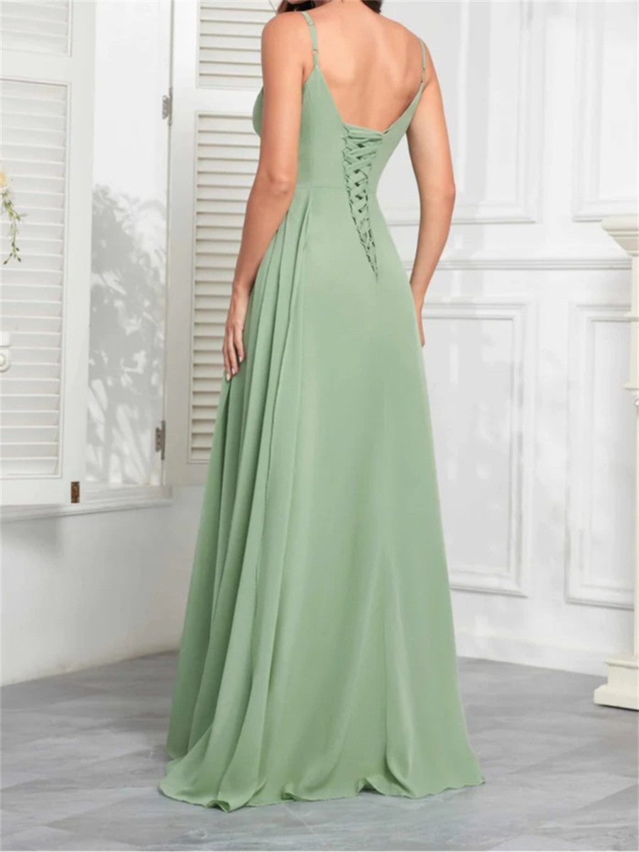A-line/Princess Spaghetti Straps Ruffles Floor-Length Chiffon Corset Bridesmaid Dress