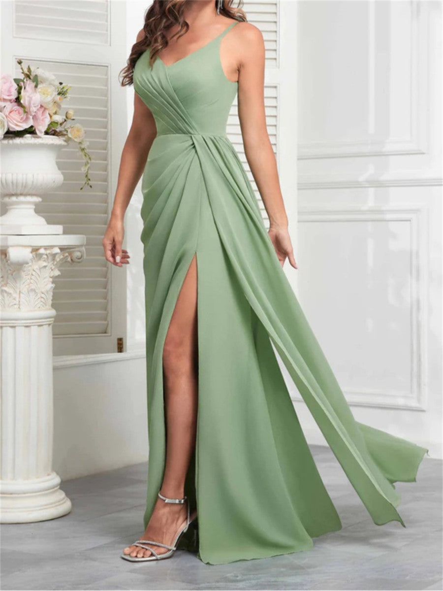 A-line/Princess Spaghetti Straps Ruffles Floor-Length Chiffon Corset Bridesmaid Dress