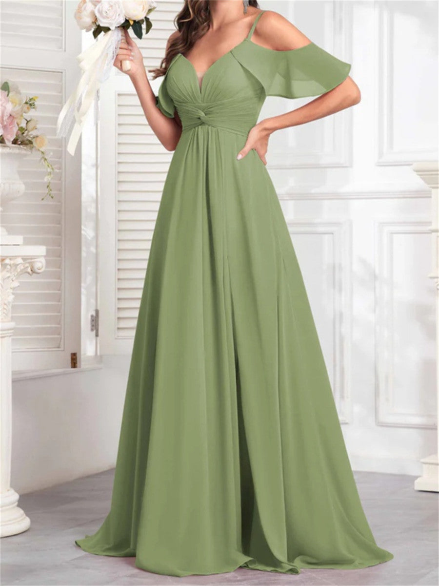 A-line/Princess Spaghetti Straps Ruffles Sweep Train Chiffon Corset Bridesmaid Dress