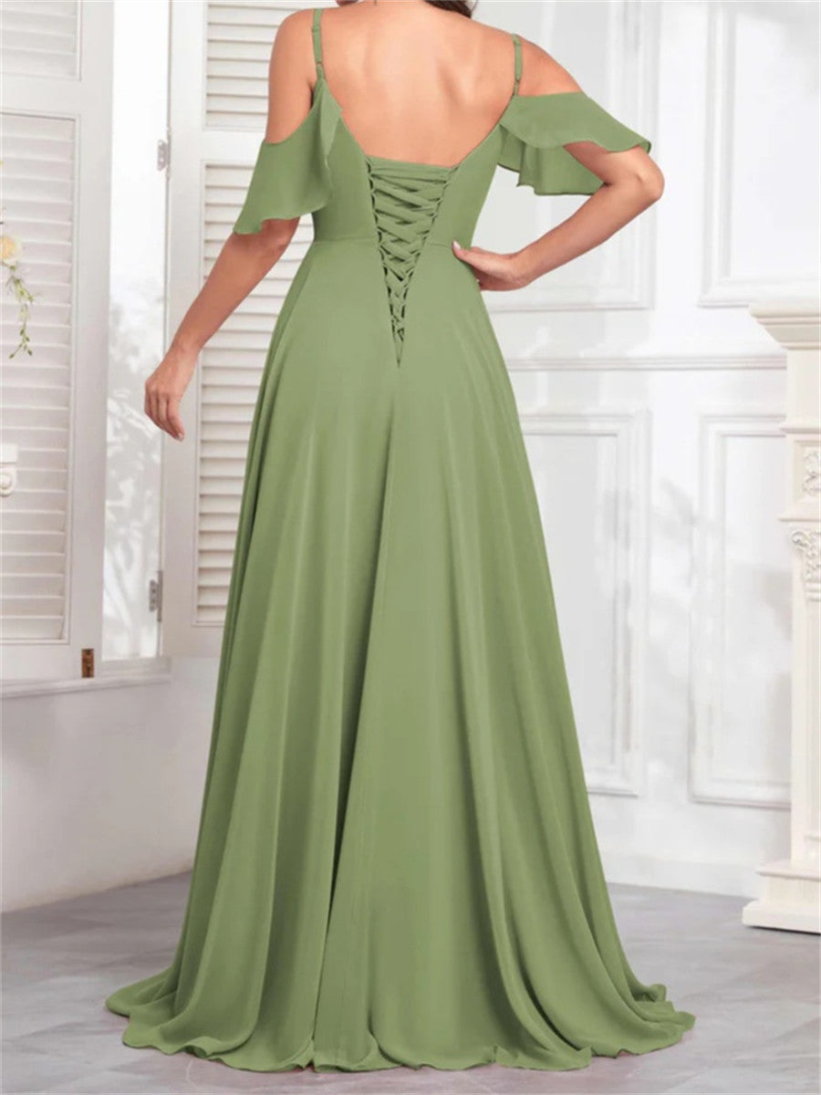 A-line/Princess Spaghetti Straps Ruffles Sweep Train Chiffon Corset Bridesmaid Dress
