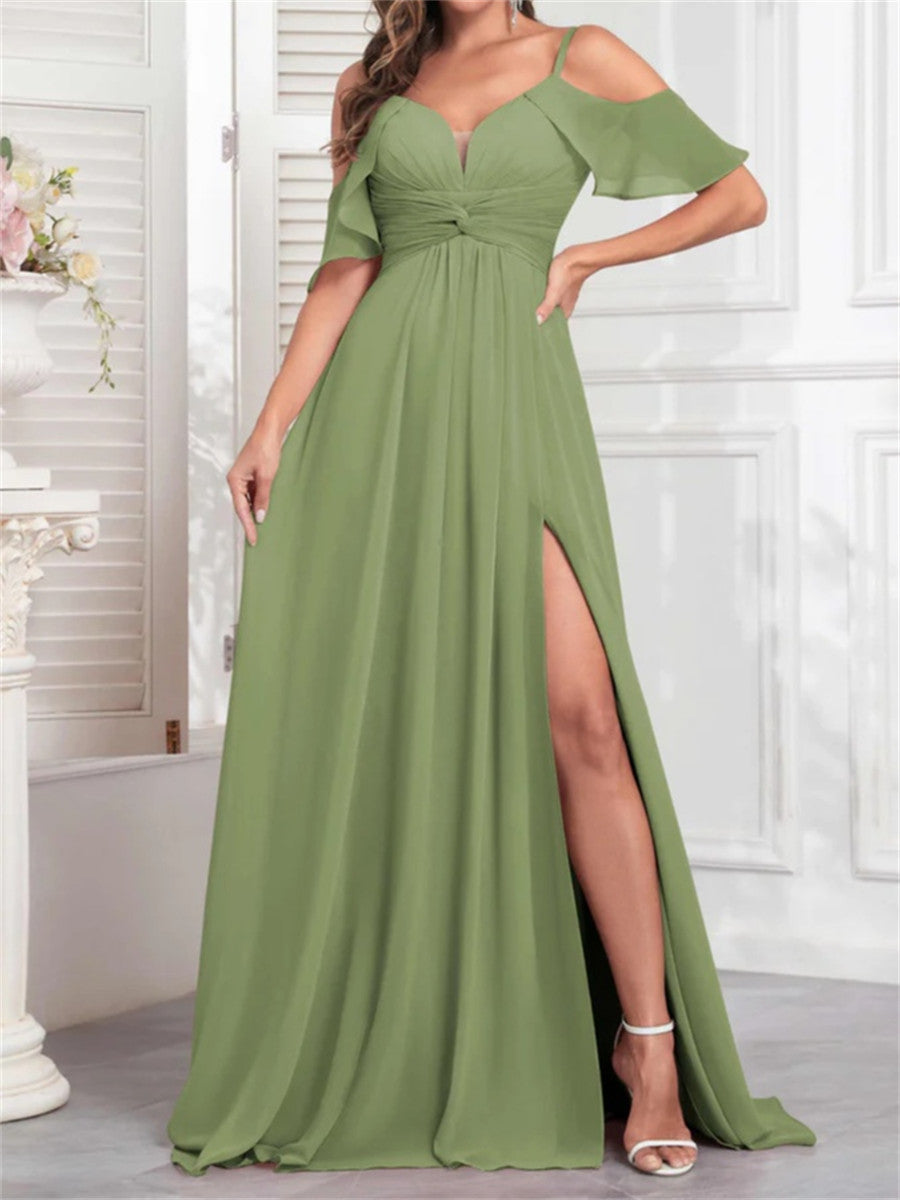 A-line/Princess Spaghetti Straps Ruffles Sweep Train Chiffon Corset Bridesmaid Dress