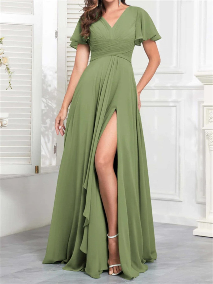 A-line/Princess V-neck Short Sleeves Ruffles Floor-Length Chiffon Corset Bridesmaid Dress