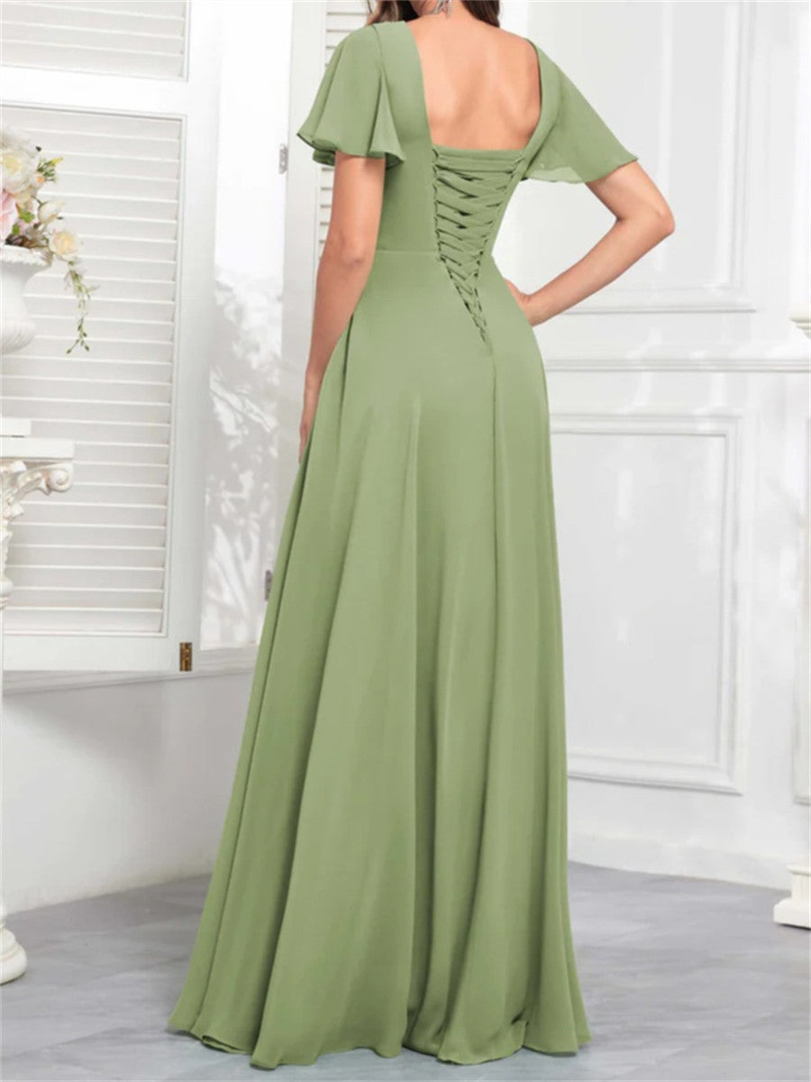 A-line/Princess V-neck Short Sleeves Ruffles Floor-Length Chiffon Corset Bridesmaid Dress