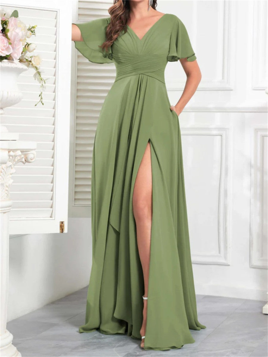 A-line/Princess V-neck Short Sleeves Ruffles Floor-Length Chiffon Corset Bridesmaid Dress