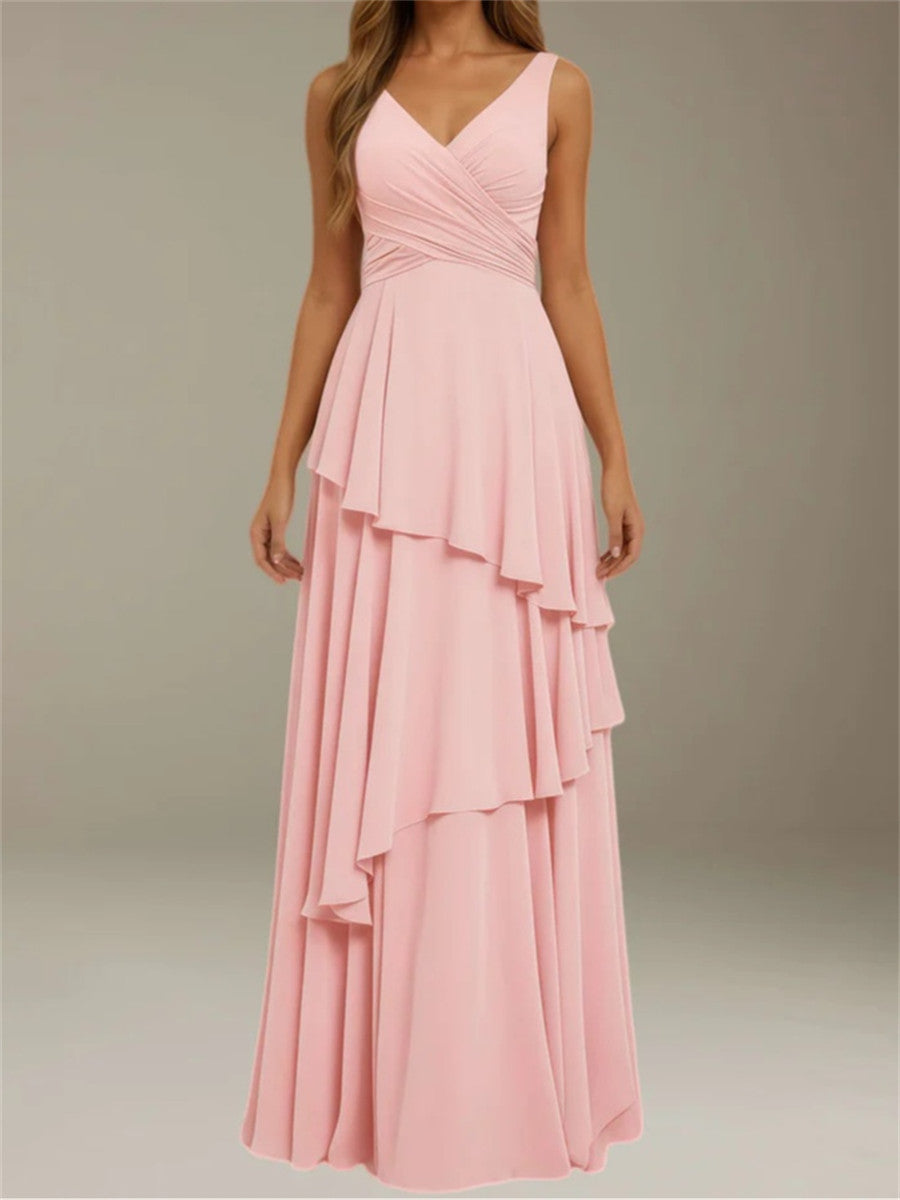 A-line/Princess V-neck Ruffles Floor-Length Chiffon Corset Bridesmaid Dress