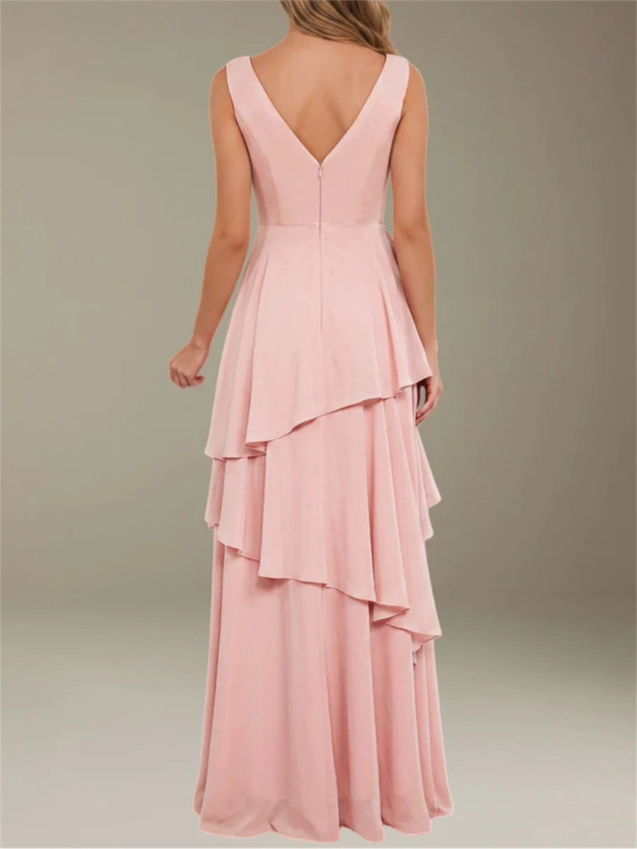 A-line/Princess V-neck Ruffles Floor-Length Chiffon Corset Bridesmaid Dress