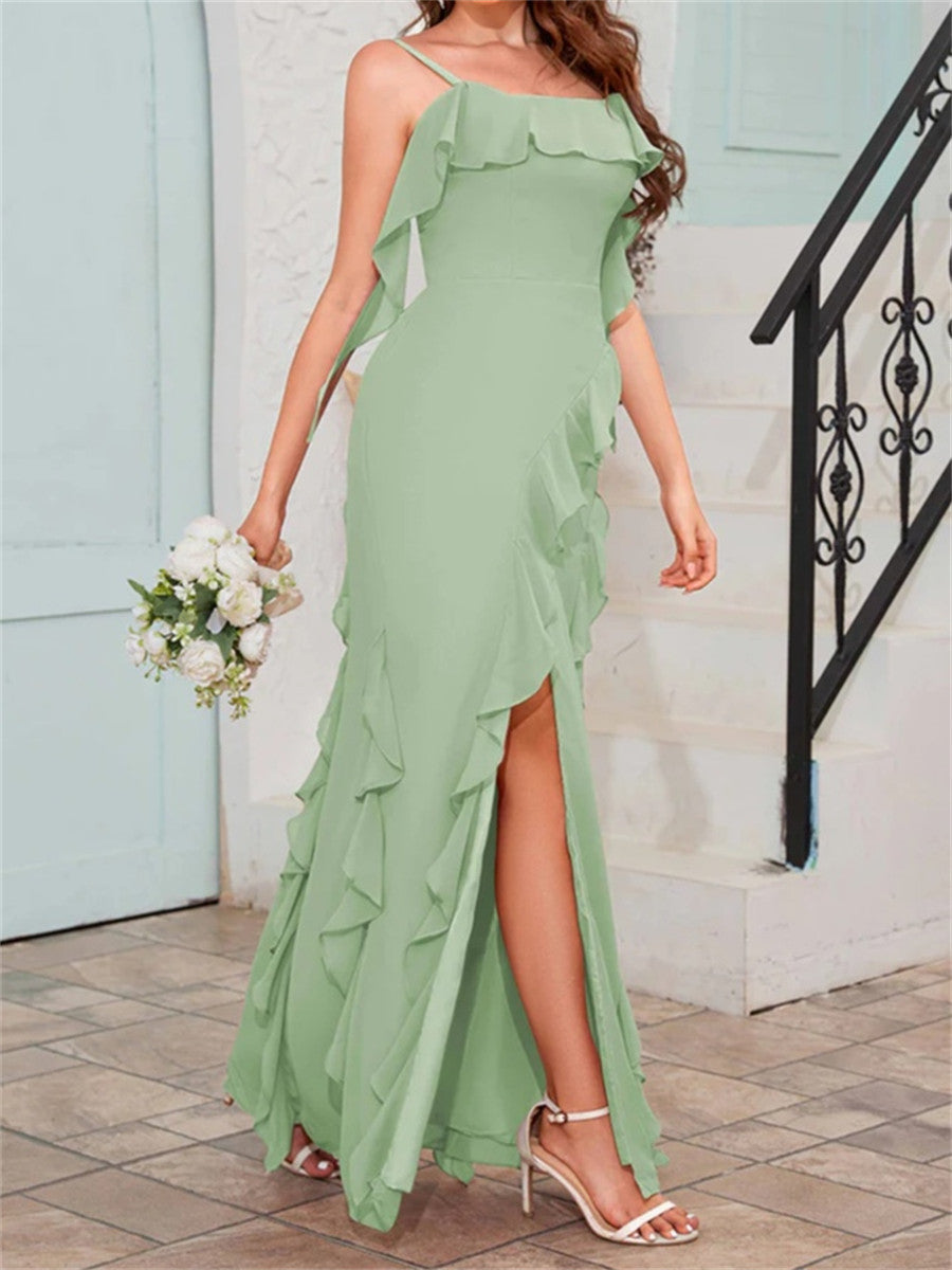 Sheath/Column Square Ruffles Floor-Length Chiffon Corset Bridesmaid Dress